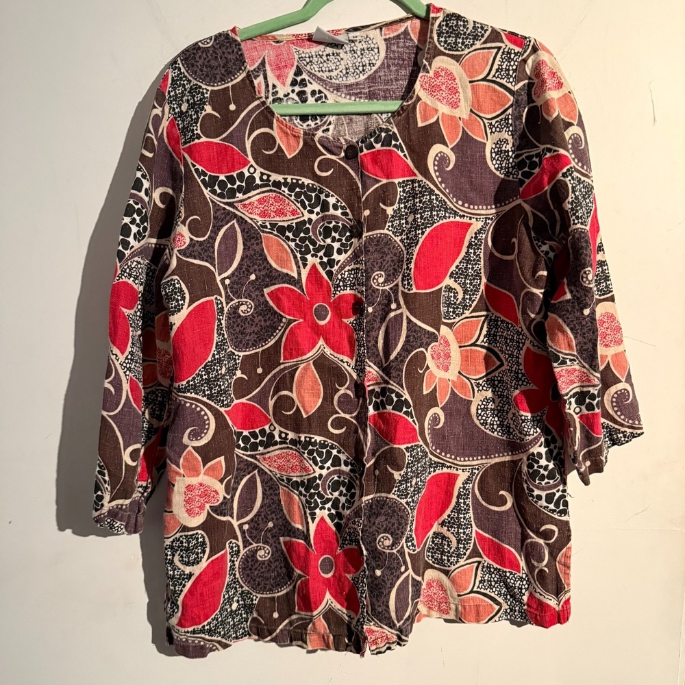 Hot Cotton‎ Medium Linen Blouse Floral Print Boho Artsy Retro Resort